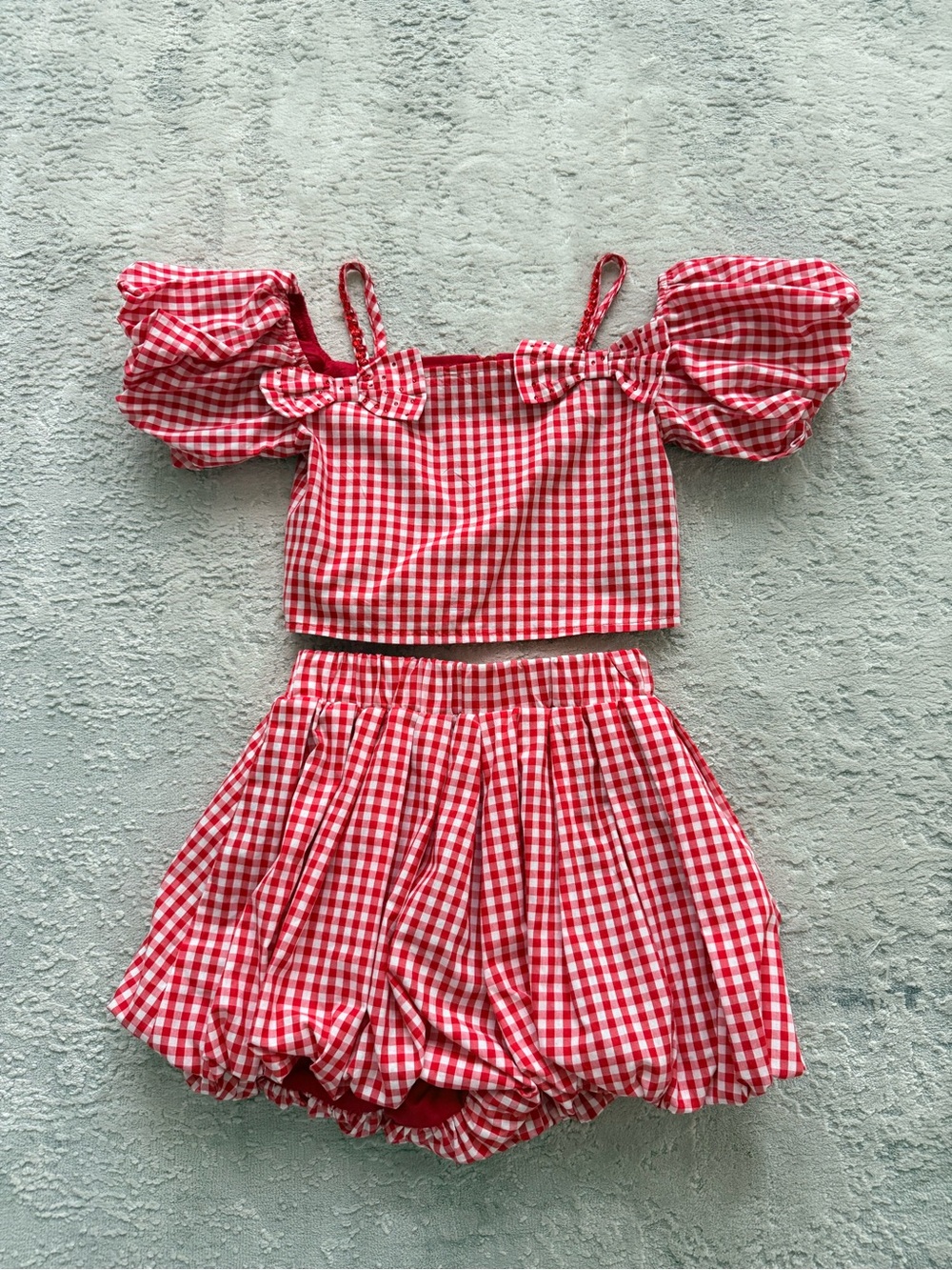 Lola + The Boys Red Gingham Puff Sleeve Top & Skirt Set